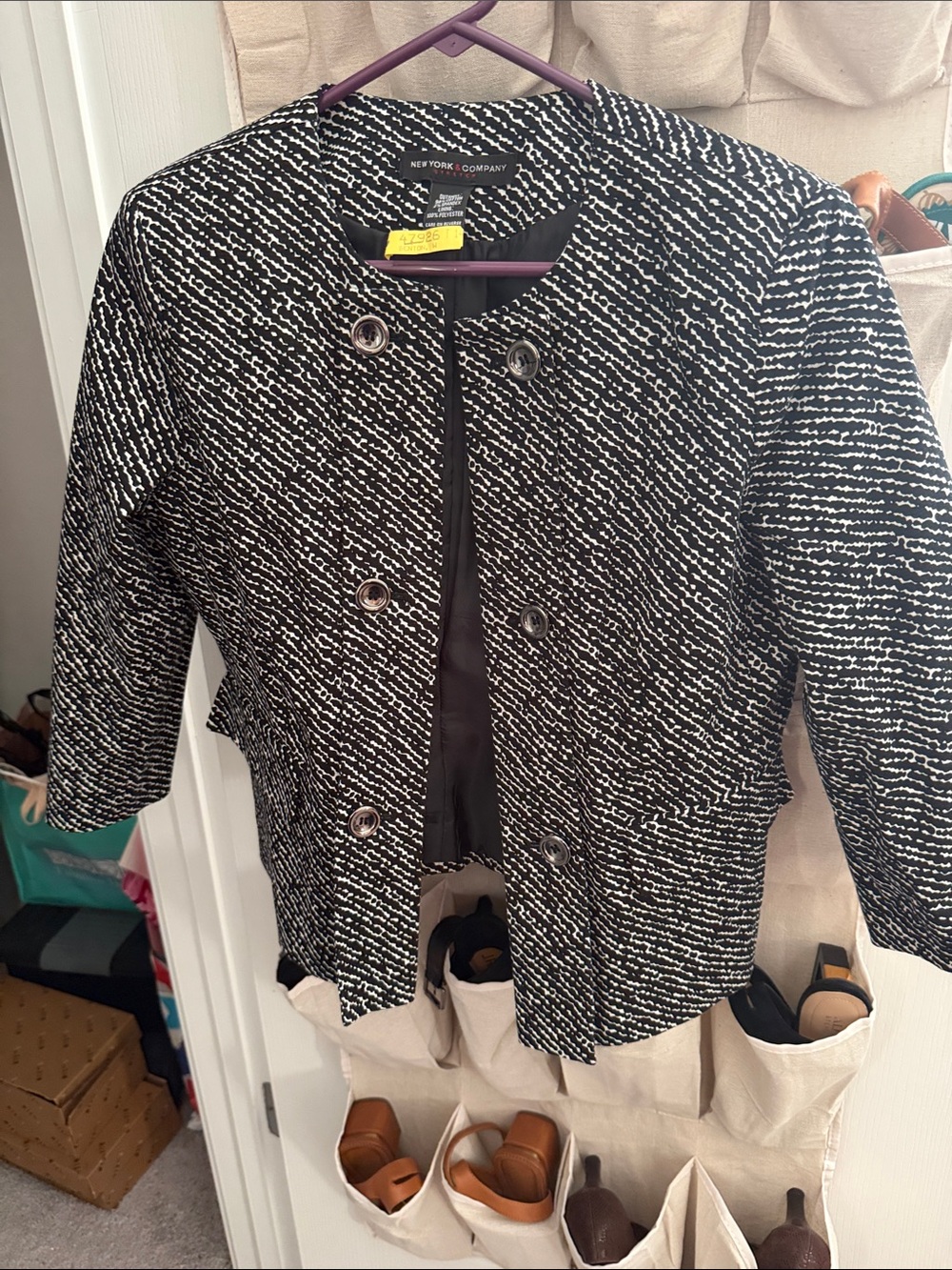 New York & Company Black and White Double-Button Textured Blazer